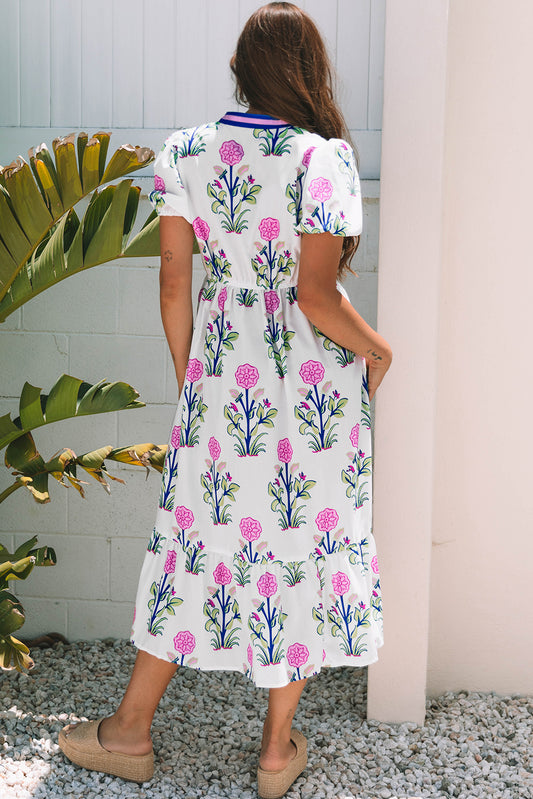 White Floral Puff Short Sleeve V Neck High Waist Maxi Dress Floral Dresses JT's Designer Fashion
