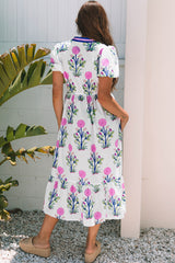 White Floral Puff Short Sleeve V Neck High Waist Maxi Dress Floral Dresses JT's Designer Fashion