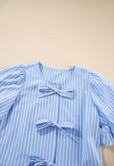 Sky Blue Striped Bowknot Detail Puffy Sleeve Top and Shorts 2Pcs Set Short Sets JT's Designer Fashion