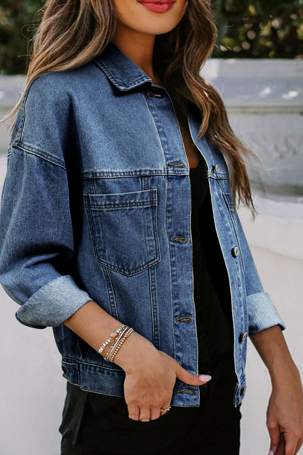 Dark Blue Washed Oversize Pocketed Denim Jacket Denim Jackets JT's Designer Fashion