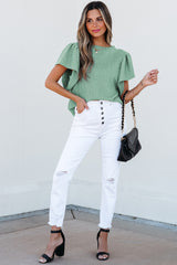 Moonlight Jade Solid Color Textured Flutter Sleeve Top Blouses & Shirts JT's Designer Fashion