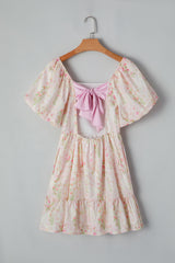 Pink Floral Puff Sleeve Square Neck Knotted Open Back Ruffled Mini Dress Floral Dresses JT's Designer Fashion