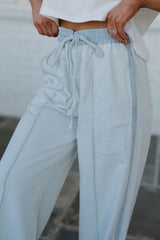 Beau Blue Light Wash Contrast Trim Center Seam Drawstring Elastic Waistband Wide Leg Denim Pants Jeans JT's Designer Fashion