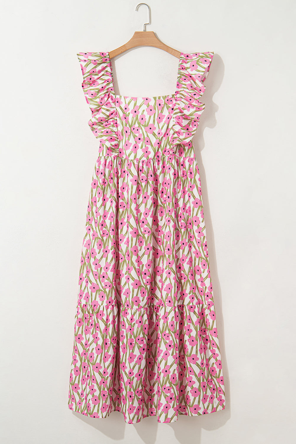 Pink Plus Size Ruffle Trim Square Neck High Waist Floral Maxi Dress Plus Size Maxi Dresses JT's Designer Fashion