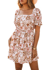 White Floral Print Bow Knot Backless Square Neck Mini Dress Floral Dresses JT's Designer Fashion