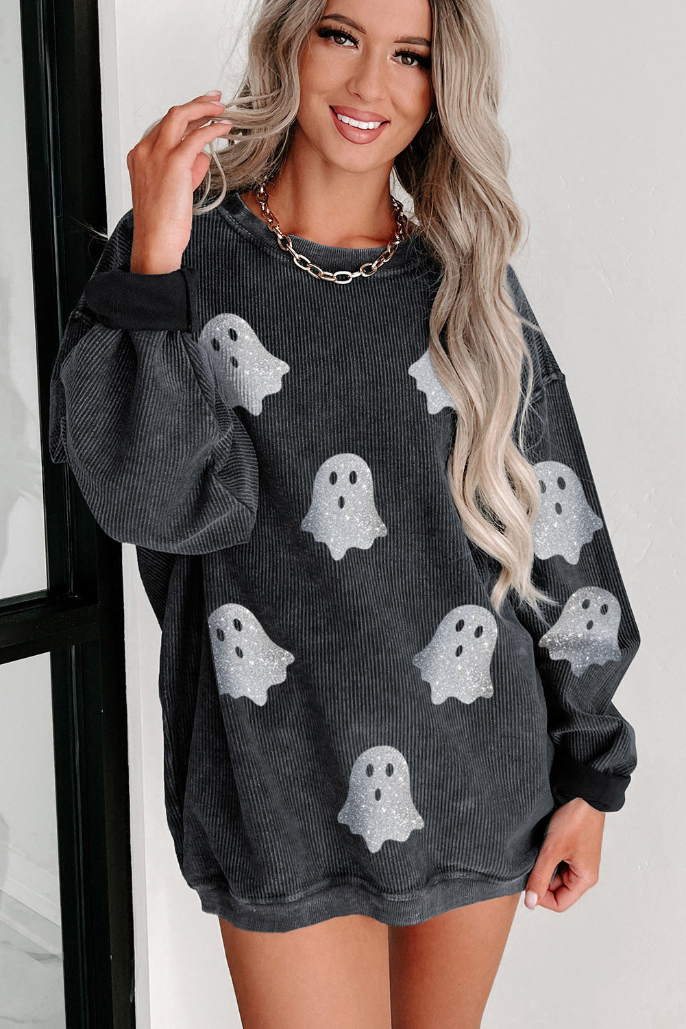 Black Halloween Ghost Corded Crew Neck Loose Sweatshirt Graphic Sweatshirts JT's Designer Fashion