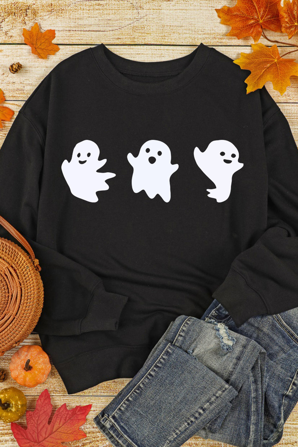 Black Halloween Ghosts Print Round Neck Sweatshirt Graphic Sweatshirts JT's Designer Fashion