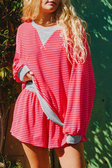 Red Stripe Drop Shoulder Baggy Pullover and Shorts Casual Set Short Sets JT's Designer Fashion