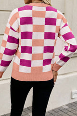 Pink Checkered Ribbed Edge O Neck Drop Shoulder Sweater Sweaters JT's Designer Fashion