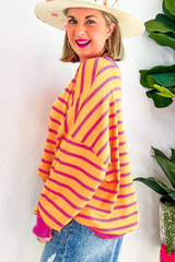 Orange Stripe Trimmed Round Neck Drop Shoulder Loose Sweater Sweaters JT's Designer Fashion