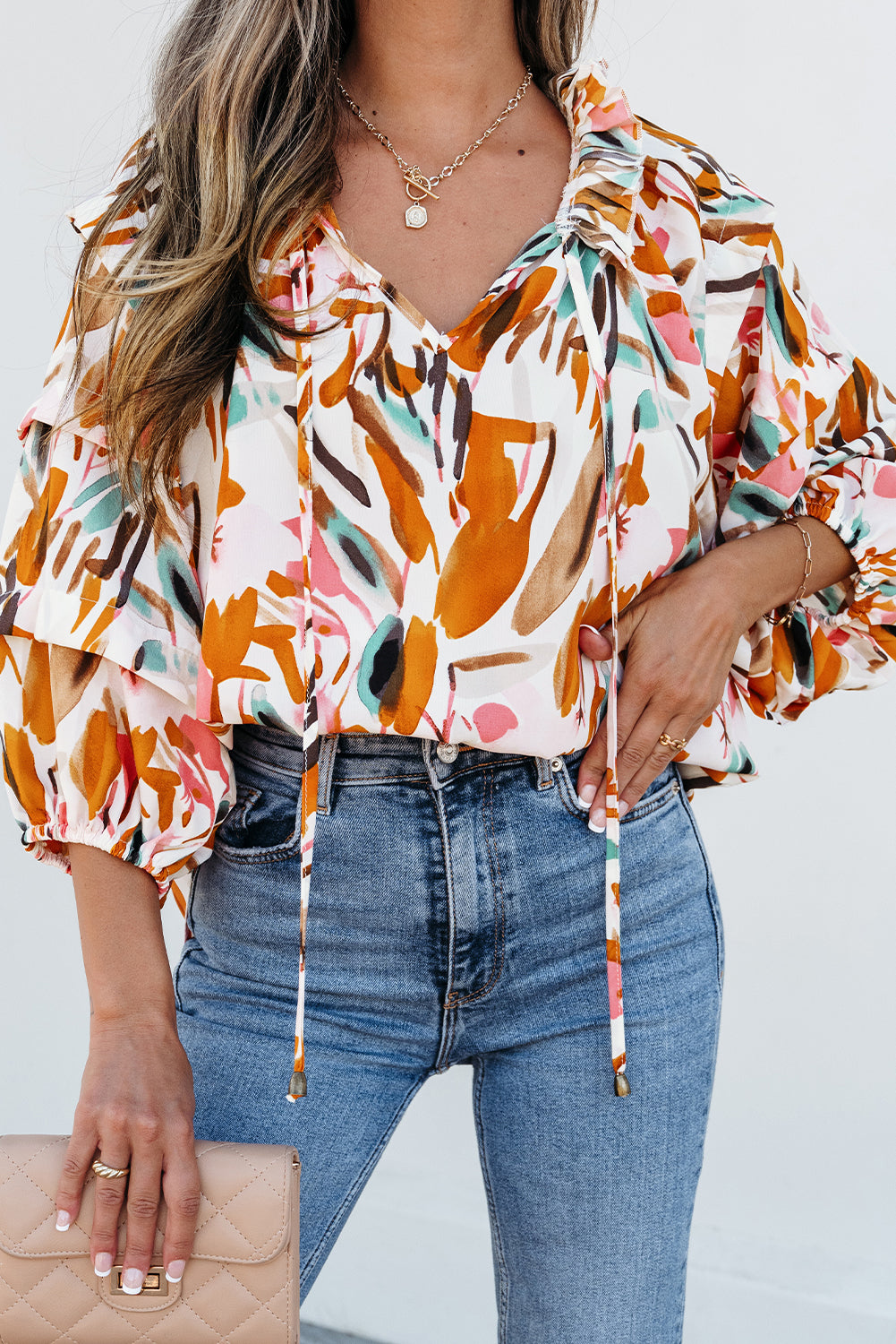 Yellow Abstract Print Drawstring Frilled V Neck 3/4 Sleeve Blouse Blouses & Shirts JT's Designer Fashion