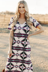 Beige Western Aztec Printed Long T-shirt Dress T Shirt Dresses JT's Designer Fashion