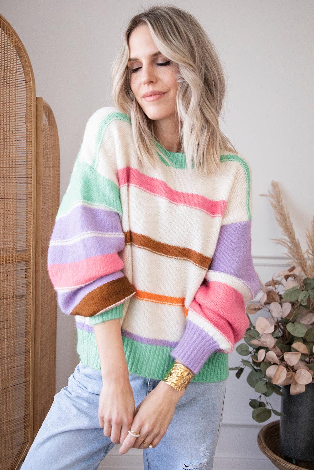 Multicolor Striped Colorblock Drop Shoulder Sweater Sweaters & Cardigans JT's Designer Fashion