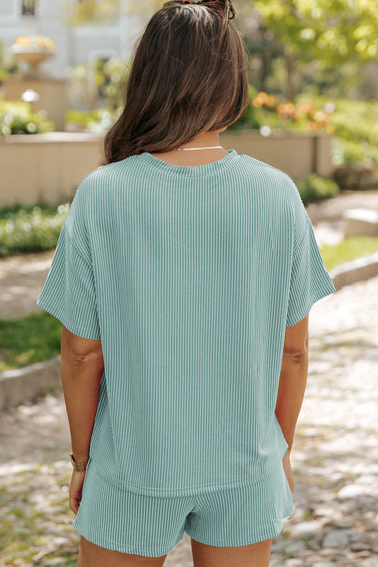 Iceland Blue Ribbed Textured Knit Loose Fit Tee and Shorts Set Short Sets JT's Designer Fashion