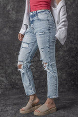 Sky Blue Light Wash Frayed Slim Fit High Waist Jeans Jeans JT's Designer Fashion