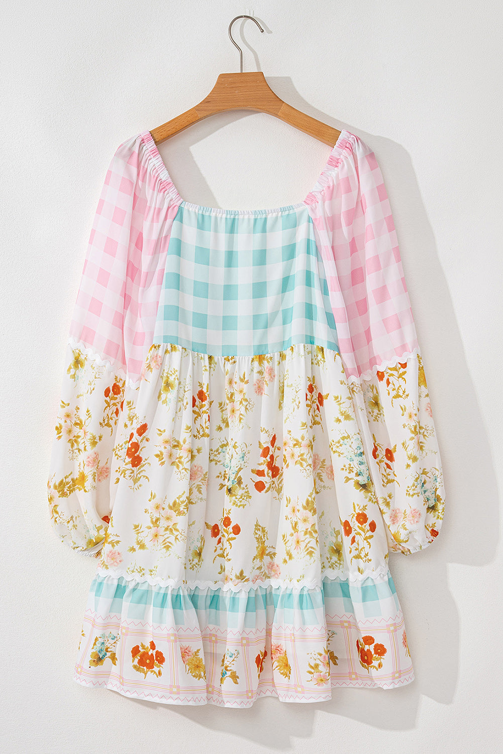 Pink Ric Rac Plaid Floral Print Patchwork Bubble Sleeve Dress Floral Dresses JT's Designer Fashion
