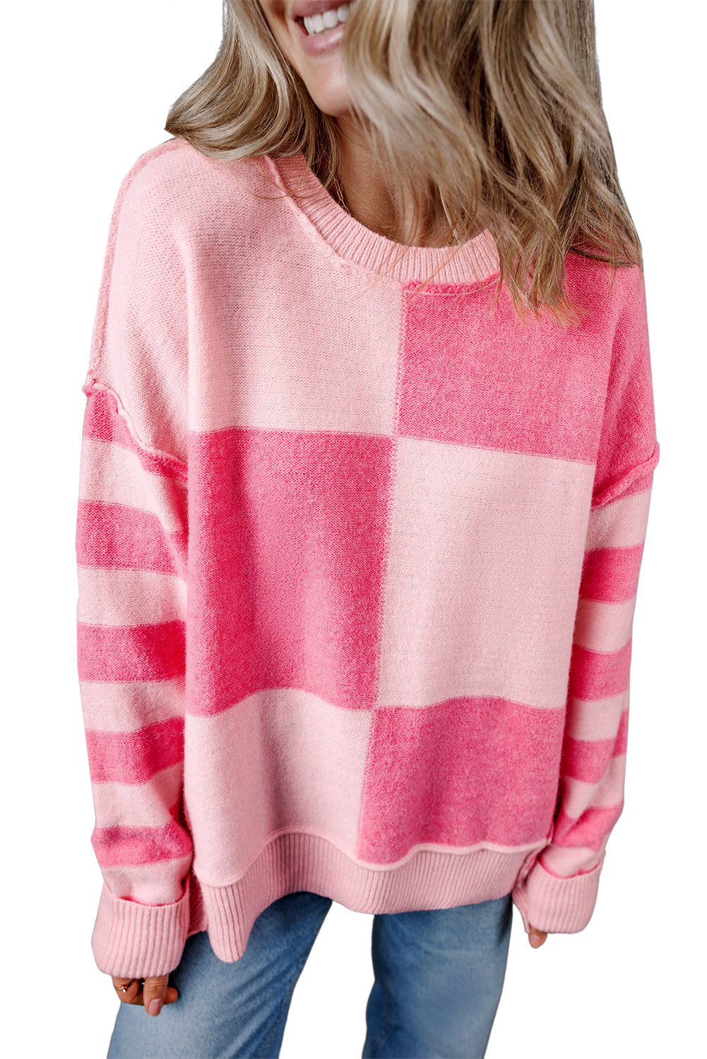 Pink Checkered Colorblock Striped High Low Loose Sweater Sweaters JT's Designer Fashion
