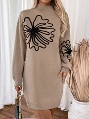 Flower Mock Neck Long Sleeve Sweater Dress Mini Dresses JT's Designer Fashion