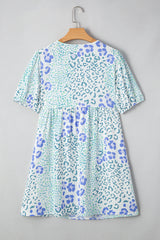 Sky Blue Leopard Contrast Bow Puff Sleeve Mini Dress Mini Dresses JT's Designer Fashion