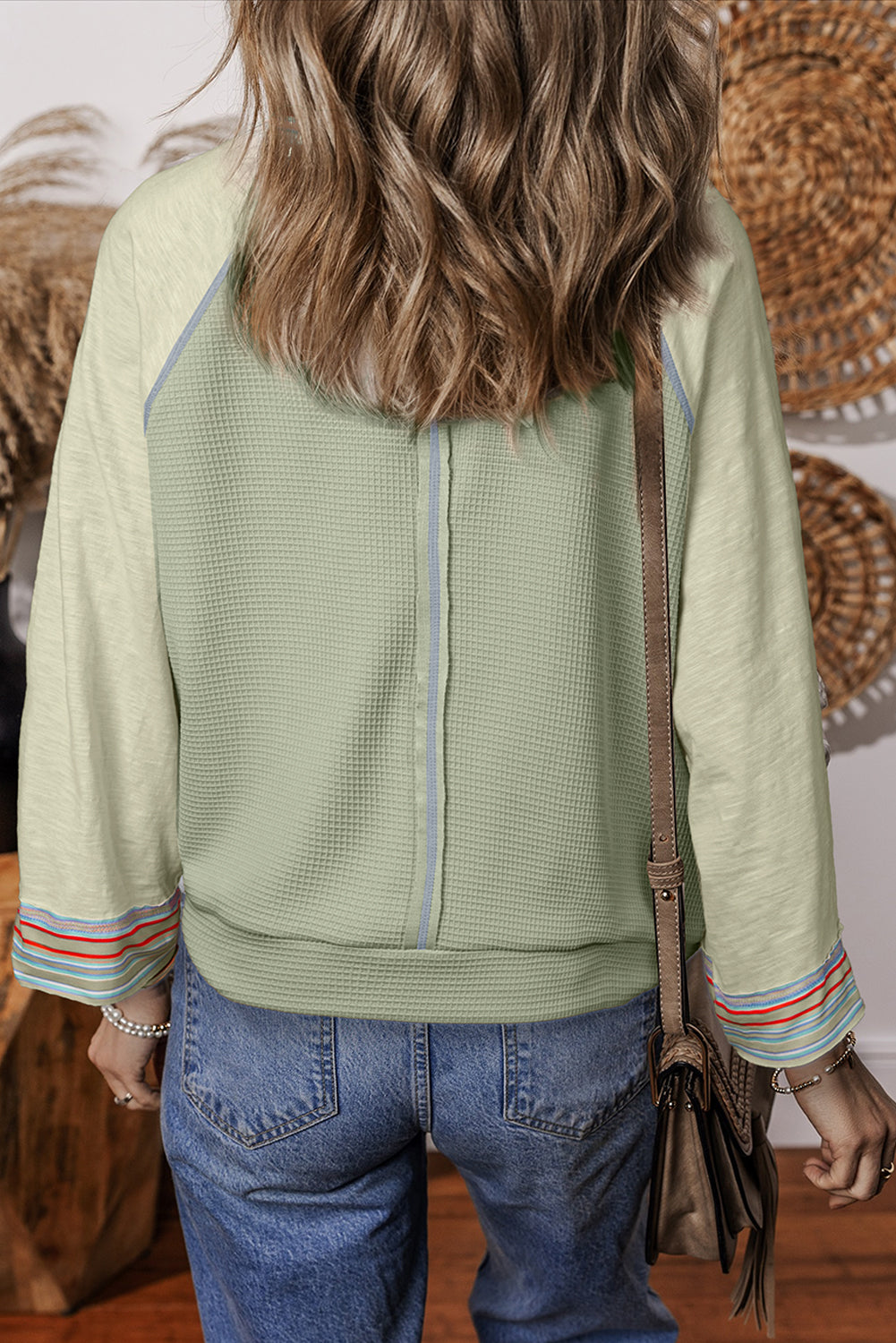 Meadow Mist Green Waffle Knit Wide Bracelet Sleeve Patchwork Raglan Top Long Sleeve Tops JT's Designer Fashion