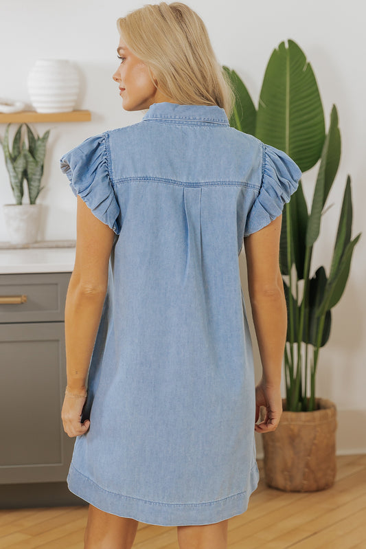 Beau Blue Flutter Sleeve Shirred Detail Button Up Denim Mini Dress Mini Dresses JT's Designer Fashion