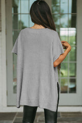 Gray Short Sleeve Side Slit Oversized Sweater Sweaters & Cardigans JT's Designer Fashion