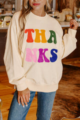 Apricot THANKS Chenille Embroidered Drop Shoulder Graphic Sweatshirt Sweatshirts & Hoodies JT's Designer Fashion