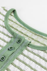 Green Stripe Textured Frilly Trim Buttons Henley Long Sleeve Top Long Sleeve Tops JT's Designer Fashion