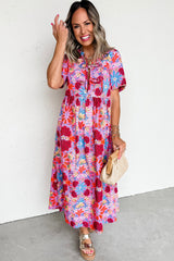 Rose Floral Print Tie High Waist Short Sleeve Loose Long Dress Dresses JT's Designer Fashion