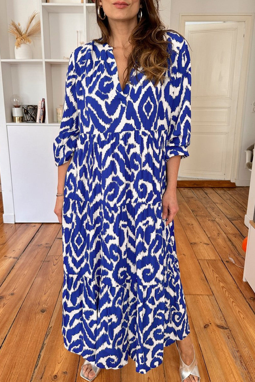 Blue Western Abstract Geometric Printed Long Dress Maxi Dresses JT's Designer Fashion