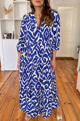 Blue Western Abstract Geometric Printed Long Dress Maxi Dresses JT's Designer Fashion
