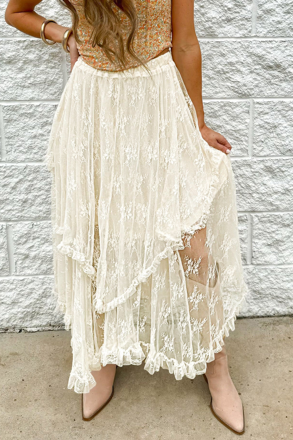 Beige Lace Cascading Tiered High Waist Maxi Skirt Skirts & Petticoat JT's Designer Fashion