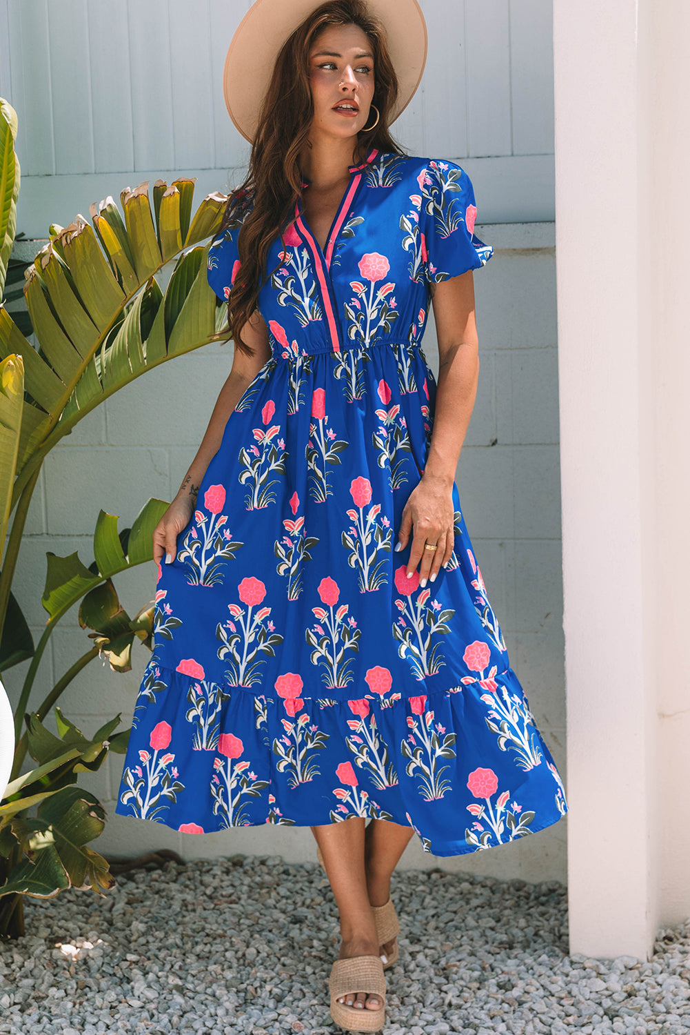 Sky Blue Floral Puff Short Sleeve V Neck High Waist Maxi Dress Sky Blue 100%Polyester Floral Dresses JT's Designer Fashion