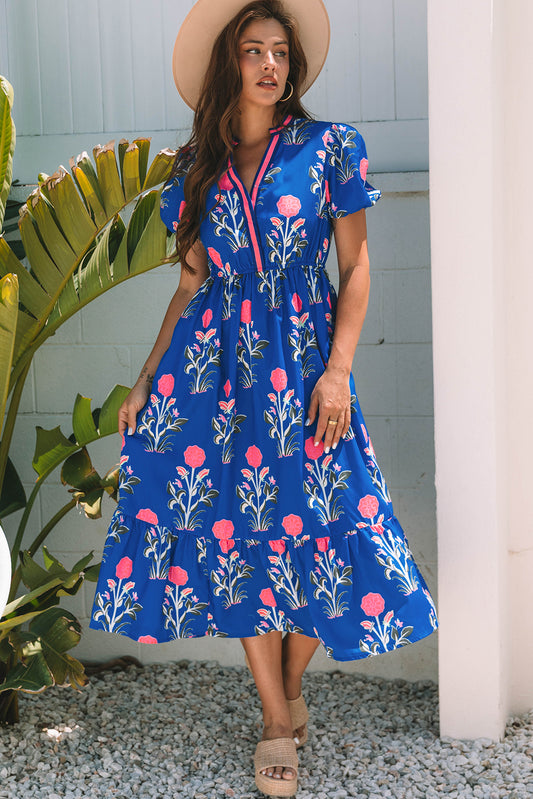 Sky Blue Floral Puff Short Sleeve V Neck High Waist Maxi Dress Sky Blue 100%Polyester Floral Dresses JT's Designer Fashion