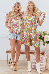 Sky Blue Floral Print Smocked Notch V Neck Flutter Sleeve Mini Dress Floral Dresses JT's Designer Fashion