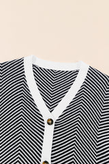 Black Stripe Buttoned Front V Neck Herringbone Cardigan Cardigans JT's Designer Fashion
