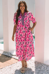Pink Floral Contrast Neckline A-line Puff Sleeve Long Dress Maxi Dresses JT's Designer Fashion