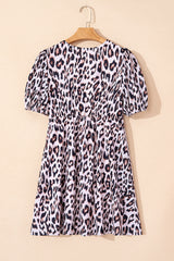 Brown Leopard Tied Front Keyhole Puff Short Sleeve Mini Dress Mini Dresses JT's Designer Fashion