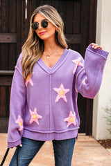 Lavendula Brushed Star Graphic V Neck Drop Shoulder Oversize Sweater Sweaters JT's Designer Fashion