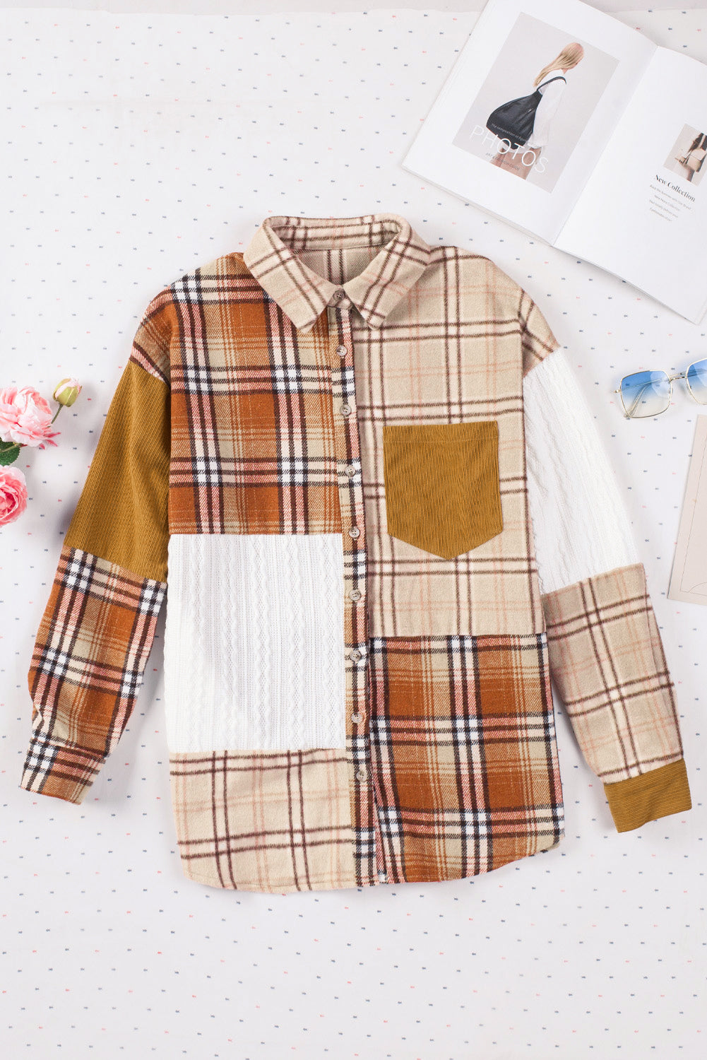 Orange Plaid Color Block Patchwork Shirt Jacket with Pocket Plaid Shackets JT's Designer Fashion