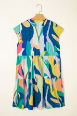Blue Abstract Print V Neck Cap Sleeve Pocketed Mini Dress Mini Dresses JT's Designer Fashion