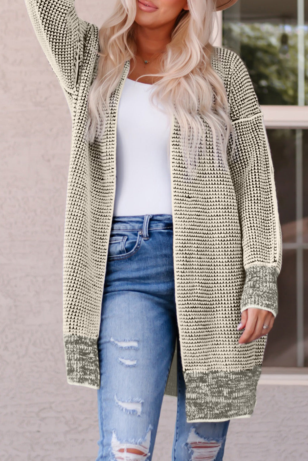 Apricot Plaid Knitted Long Open Front Cardigan Sweaters & Cardigans JT's Designer Fashion