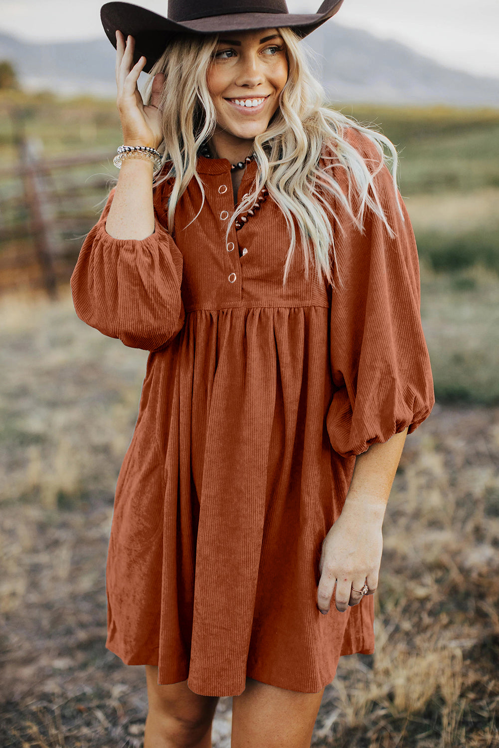Gold Flame Corduroy Snap Buttons Empire Waist Bracelet Sleeve Dress Mini Dresses JT's Designer Fashion