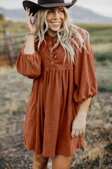 Gold Flame Corduroy Snap Buttons Empire Waist Bracelet Sleeve Dress Mini Dresses JT's Designer Fashion