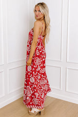 Red Floral Printed Spaghetti Strap Empire Waist Maxi Dress Floral Dresses JT's Designer Fashion