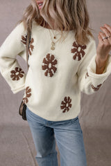 White Colorblock Floral Pattern Round Neck Sweater Sweaters JT's Designer Fashion