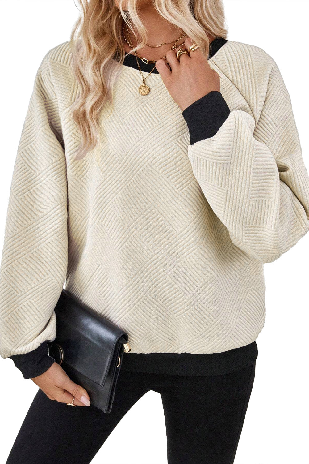 Jet Stream Color Block Edge Raglan Sleeve Crew Neck Textured Top Long Sleeve Tops JT's Designer Fashion