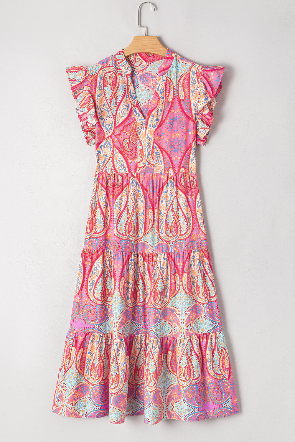 Rose Tribal Paisley Print Ruffled Sleeve Notch Neck Midi Dress Floral Dresses JT's Designer Fashion