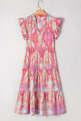 Rose Tribal Paisley Print Ruffled Sleeve Notch Neck Midi Dress Floral Dresses JT's Designer Fashion