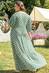Green Geometric Floral Print Half Sleeve Plus Size Maxi Dress Plus Size Maxi Dresses JT's Designer Fashion